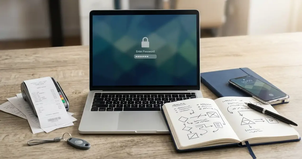A laptop, phone and notebook arranged for careful account and transaction record keeping