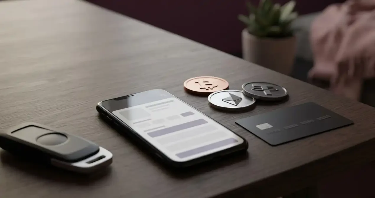 A phone beside a bank card, a digital wallet and abstract cryptocurrency symbols on a desk
