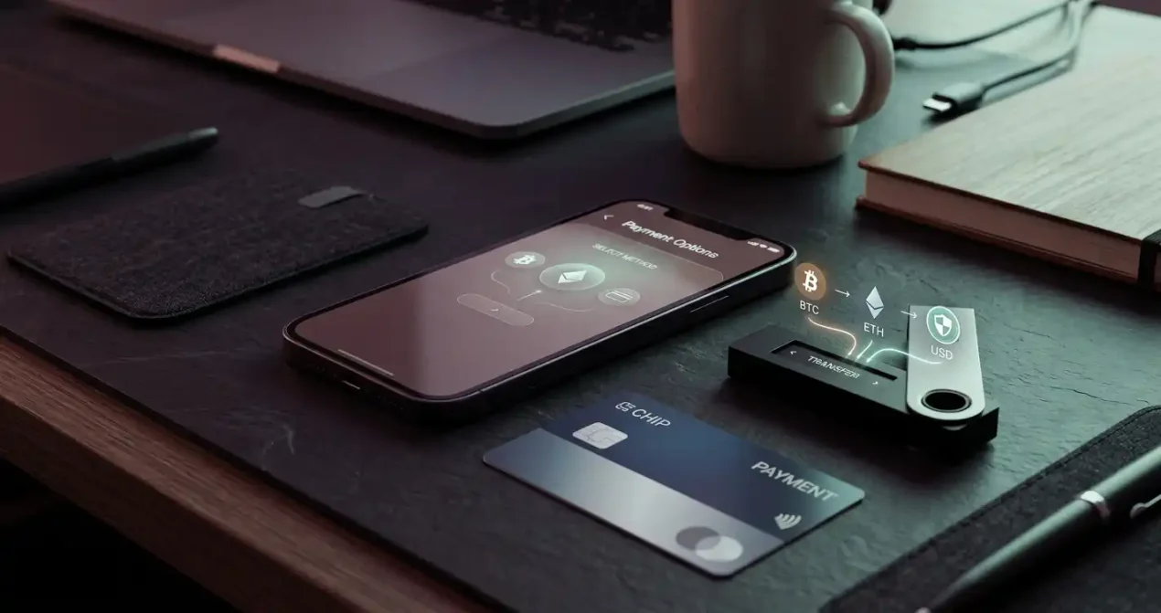 A Canadian-dollar payment scene with a bank card, digital wallet and abstract cryptocurrency transfer elements