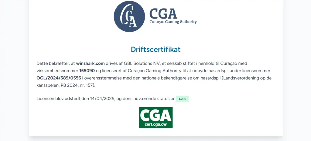 Curaçao Gaming Authority certificate page for winshark.com showing the operator and licence details