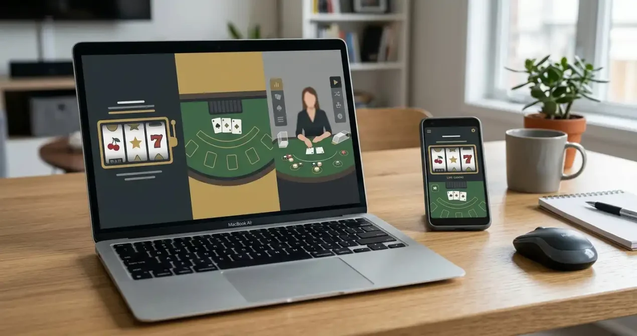 Editorial casino scene showing slot reels, a table-game layout and a live-dealer studio viewed on a laptop and phone