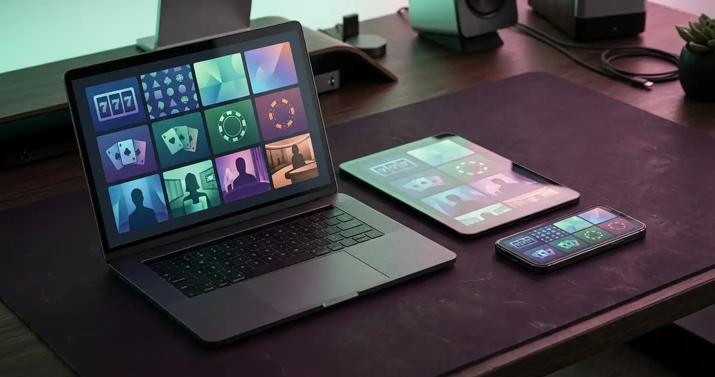 A tablet and phone showing abstract casino game tiles beside a laptop in a dark editorial workspace