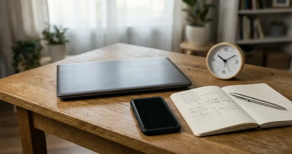 A notebook with a simple budget and time plan beside a phone and closed laptop